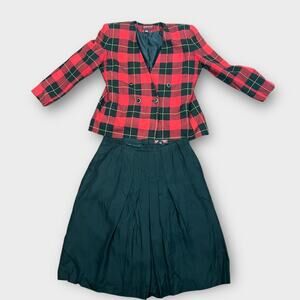 Vintage Sasson Red Black Plaid Blazer Skirt Suit Set Size 14/16 80s Academia